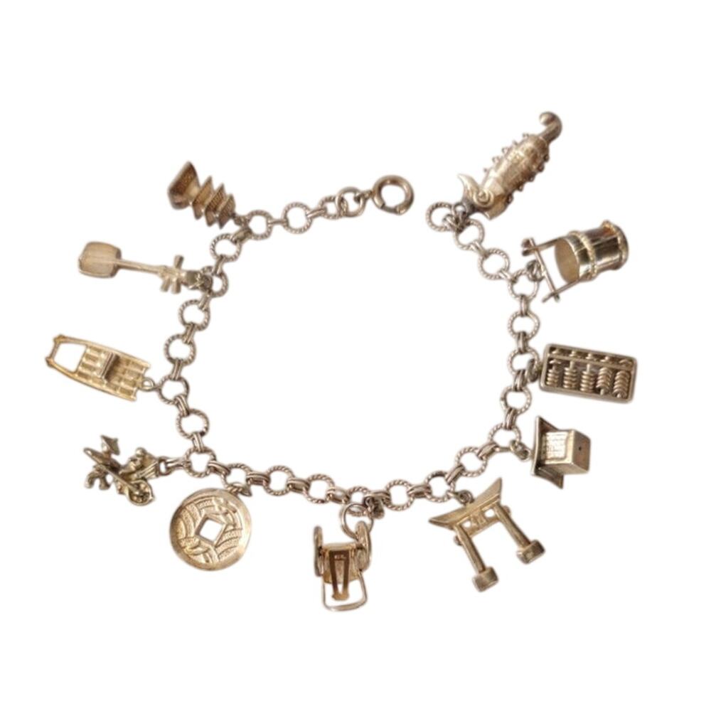 Vintage Mid-Century Sterling Silver Japanese Souvenir Charm Bracelet 11 Charms
